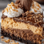 Creamy No-Bake German Chocolate Cheesecake topped with toasted coconut and pecans on a dessert plate.