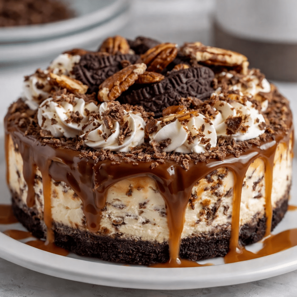 Slice of No-Bake German Chocolate Cheesecake with coconut pecan topping on a chocolate cookie crust.