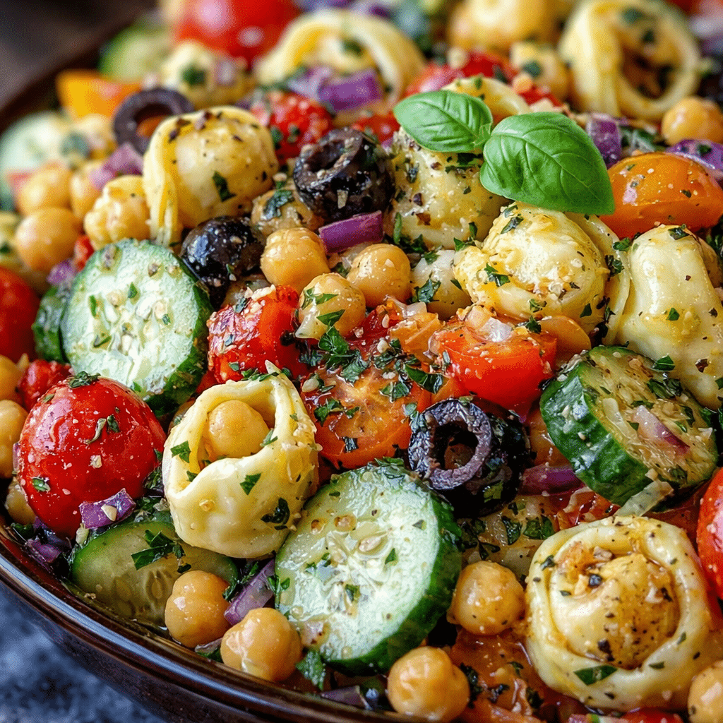 Italian tortellini pasta salad with cherry tomatoes, cucumber, mozzarella, olives, and fresh herbs in a large serving bowl