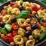 Close-up of Italian tortellini pasta salad tossed in zesty dressing with fresh summer vegetables