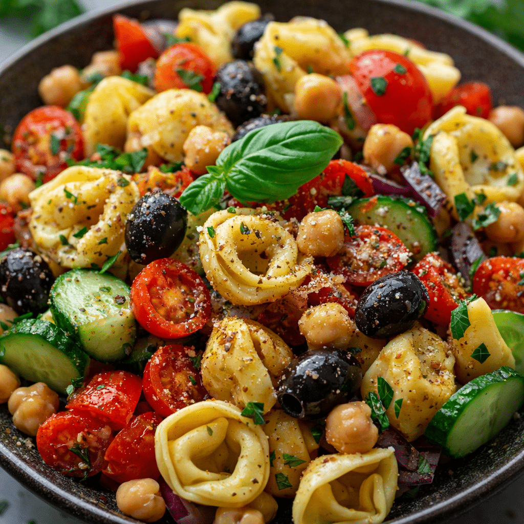 Close-up of Italian tortellini pasta salad tossed in zesty dressing with fresh summer vegetables