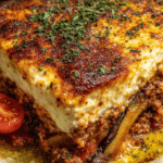 Greek Eggplant Lasagna Lamb baked with roasted eggplant layers, spiced lamb sauce, and golden béchamel topping.