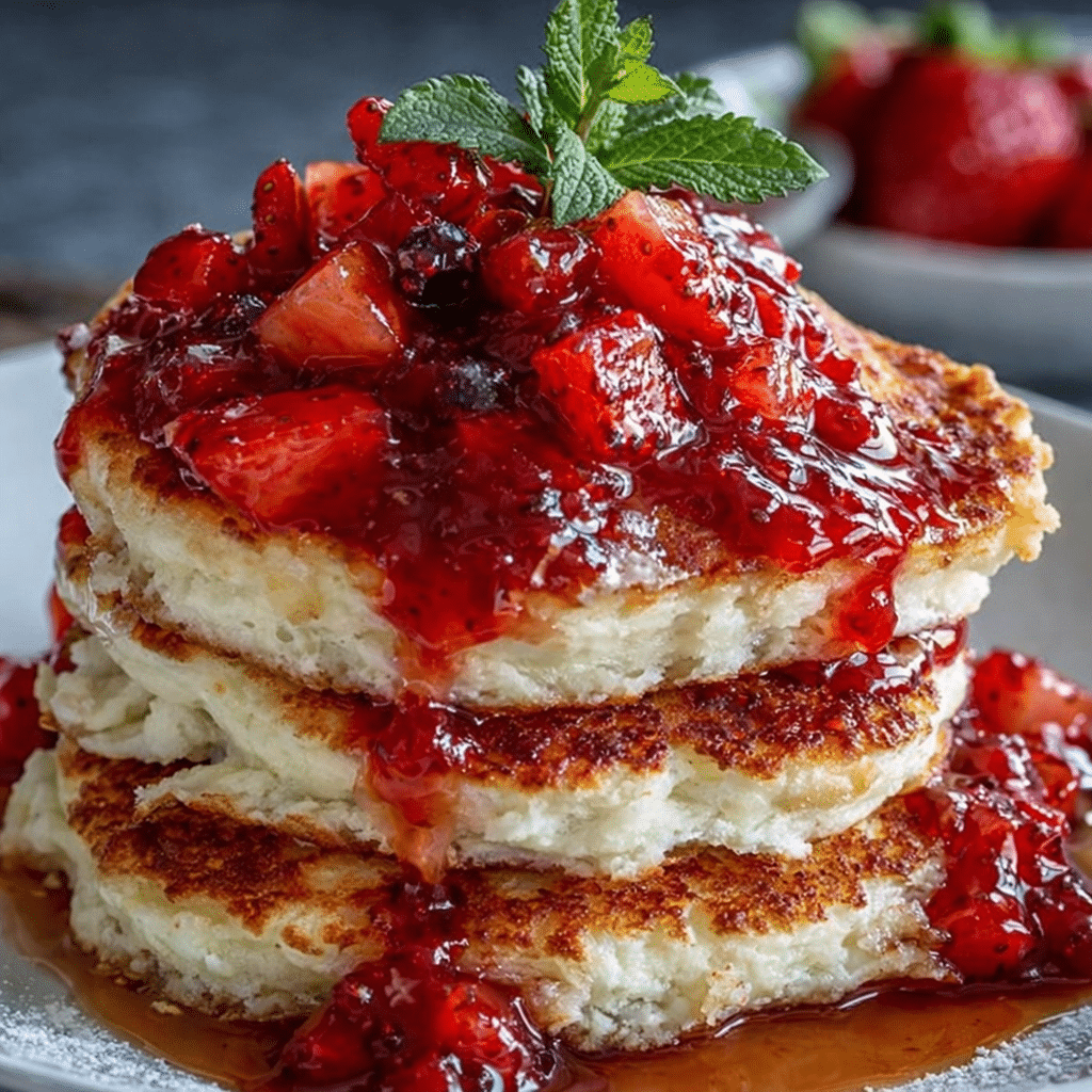 Golden cottage cheese pancakes with strawberries and syrup served for breakfast.