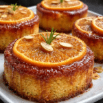 Slice of Candied Orange Almond Cake showing moist almond crumb and layered candied oranges on top