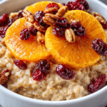 Freshly baked candied orange oatmeal cranberries cookies on a parchment-lined baking tray.