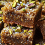 Golden brown Butter Honey Pistachio Bars baked in a 9x13 pan with chopped pistachios on top