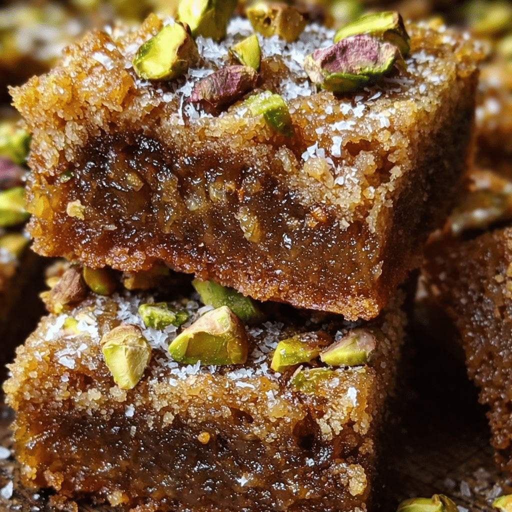 Golden brown Butter Honey Pistachio Bars baked in a 9x13 pan with chopped pistachios on top