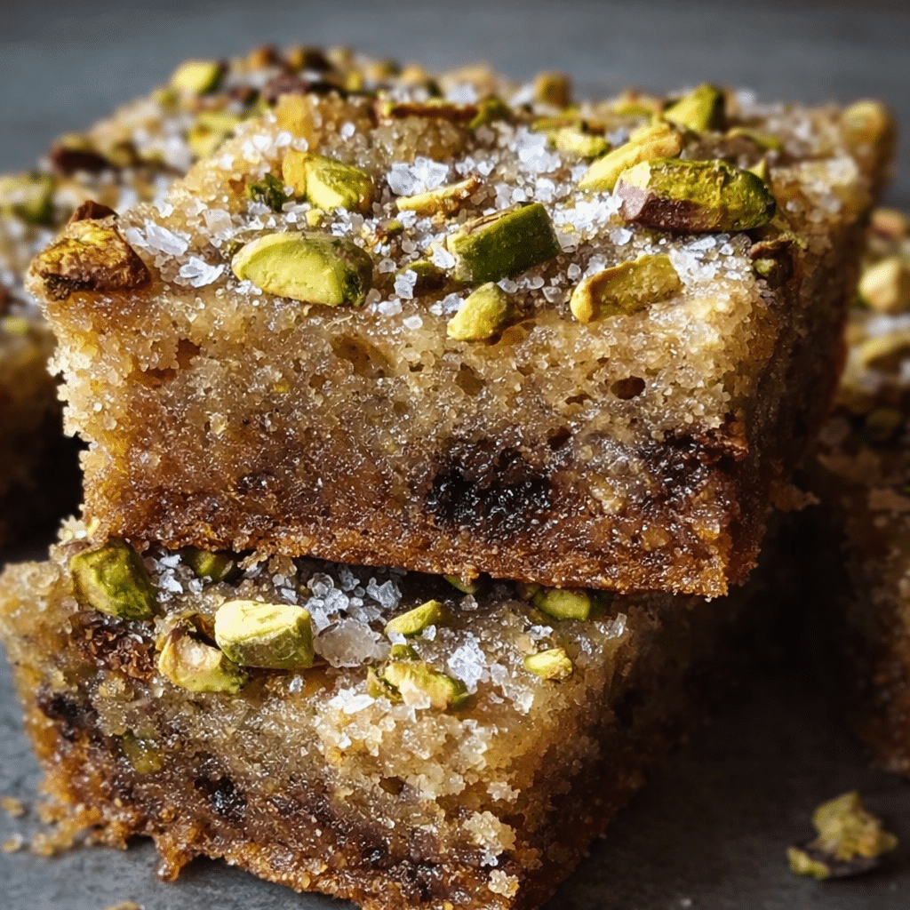 Close-up of sliced Brown Butter Honey Pistachio Bars stacked on a plate