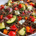 Healthy Black Lentil Salad Roasted Vegetables topped with fresh parsley and feta cheese