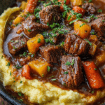 Lightened Irish beef stew made with lean beef, carrots, potatoes, and fresh herbs in a rustic bowl