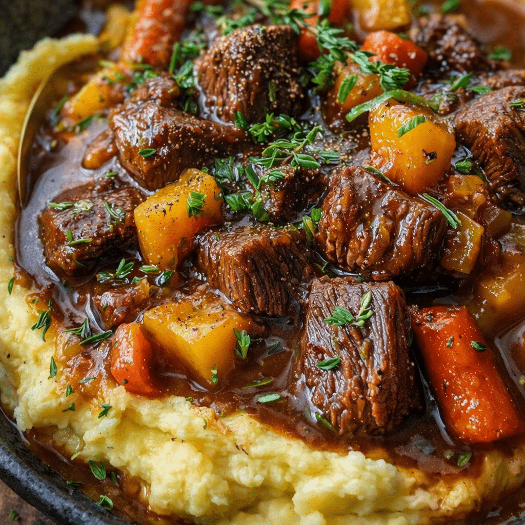 Lightened Irish beef stew made with lean beef, carrots, potatoes, and fresh herbs in a rustic bowl