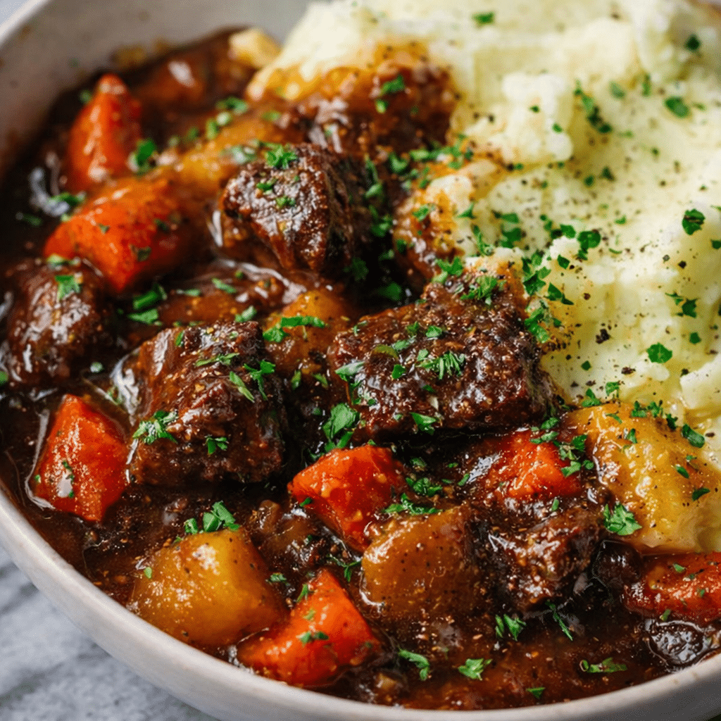 Healthy lightened Irish beef stew simmered with root vegetables in savory broth