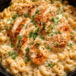 Creamy crockpot garlic parmesan chicken pasta served in a bowl with fresh parsley on top