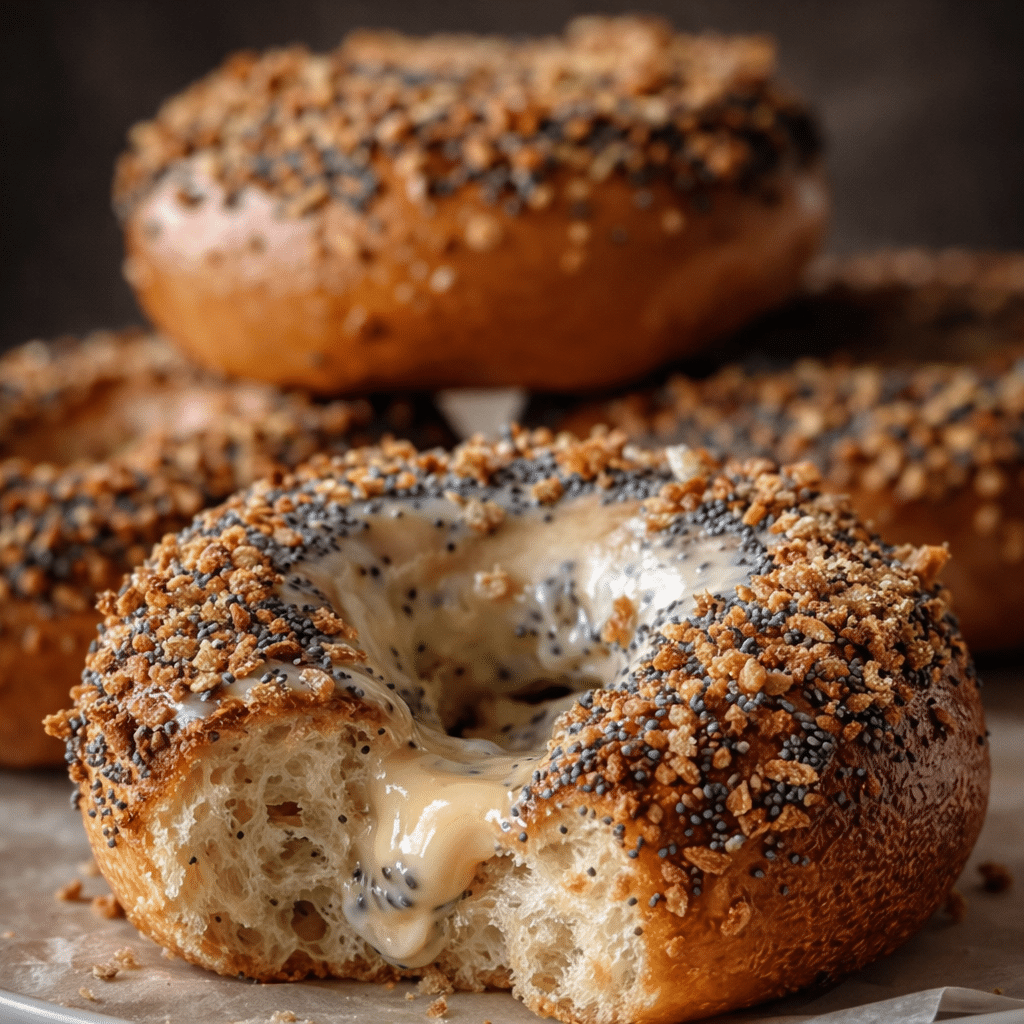 Toasted lemon poppy seed bagel with cream cheese and lemon slices on a plate