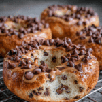 Homemade chocolate chip protein bagels sliced open showing soft texture and melted chocolate chips
