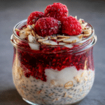 Close-up spoonful of Overnight Oats with Raspberry Chia showing creamy texture