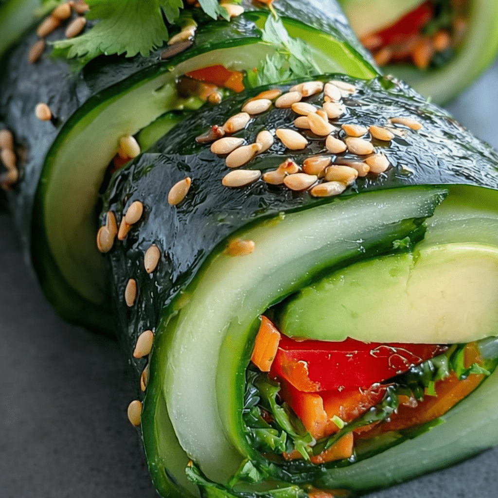 Light Cucumber Avocado Rolls arranged on a white platter with fresh herbs and sesame seeds