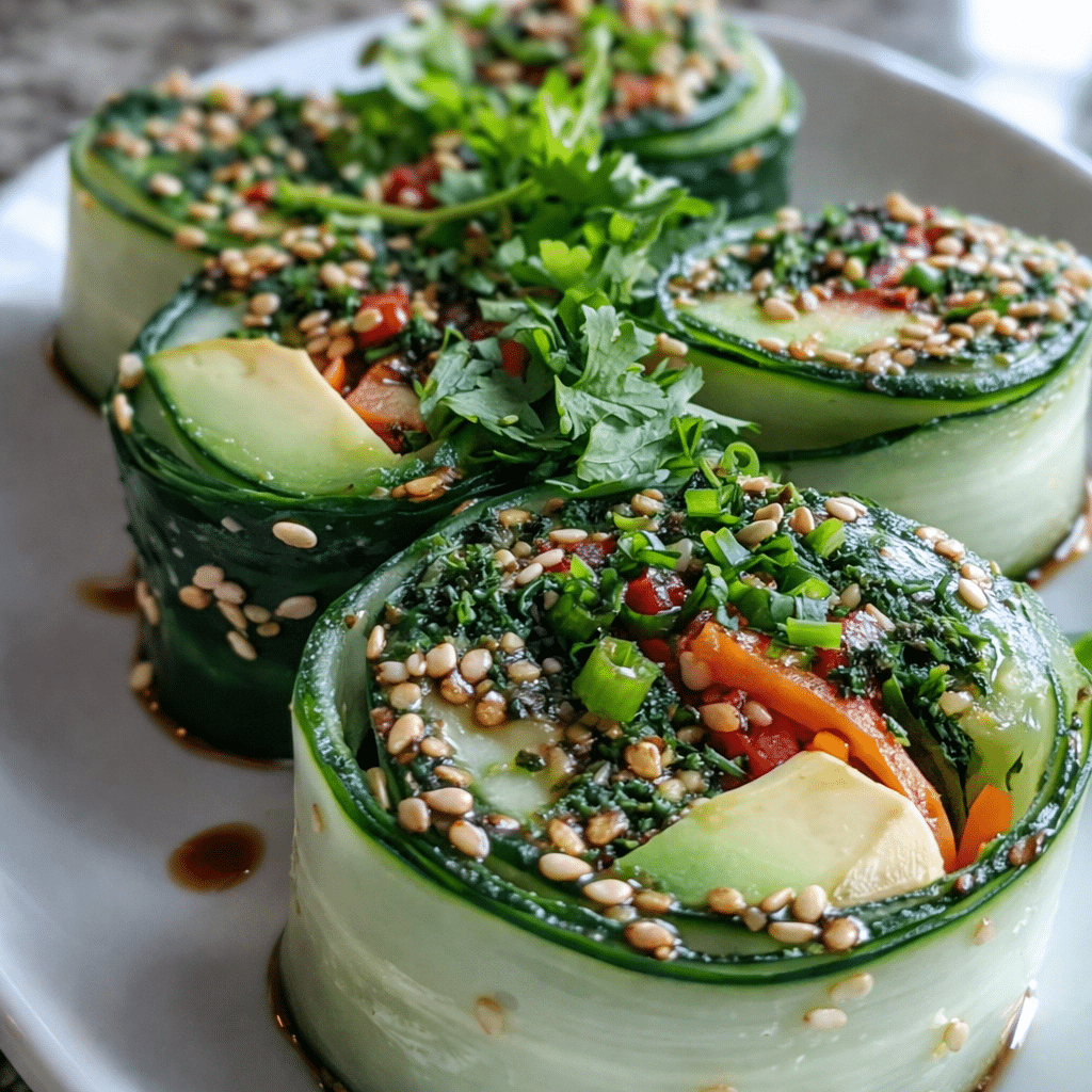 Close-up of Light Cucumber Avocado Rolls with creamy avocado filling inside thin cucumber slices