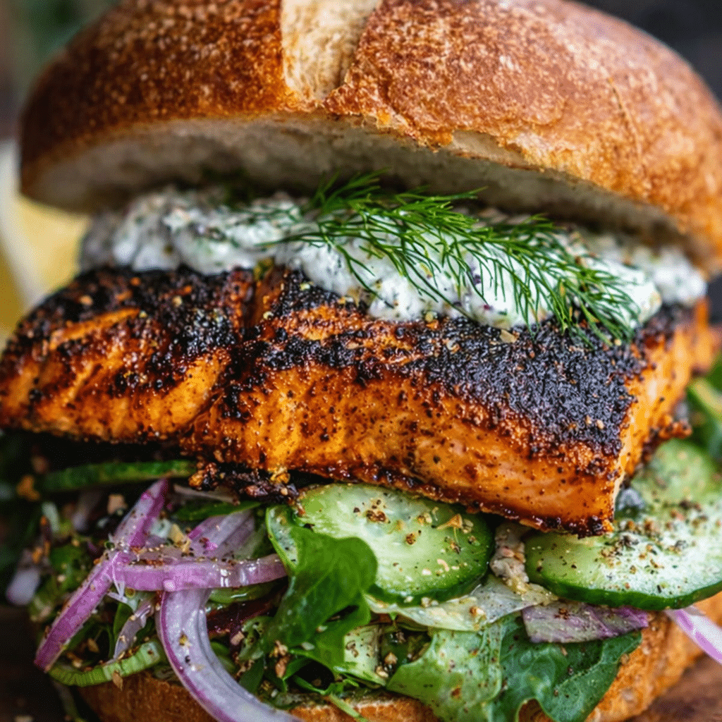 Blackened Salmon Sandwich Cajun with crispy spice-crusted salmon, fresh greens, cucumber, and creamy dressing on a toasted brioche bun