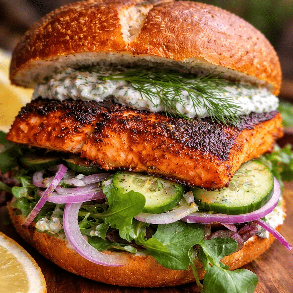 Close-up of Blackened Salmon Sandwich Cajun served on a wooden board with Cajun-seasoned salmon and fresh vegetables