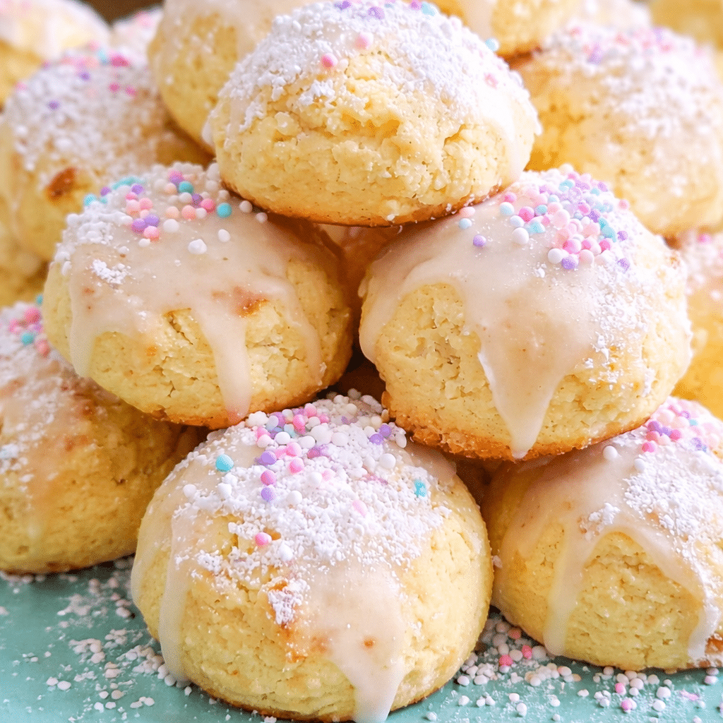 Soft Italian Easter Cookies topped with pastel glaze and colorful sprinkles on a white serving plate