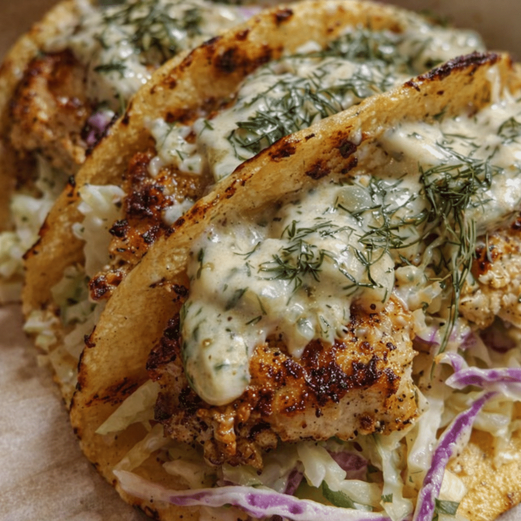 Crispy dill pickle ranch smash chicken tacos topped with lettuce and creamy ranch