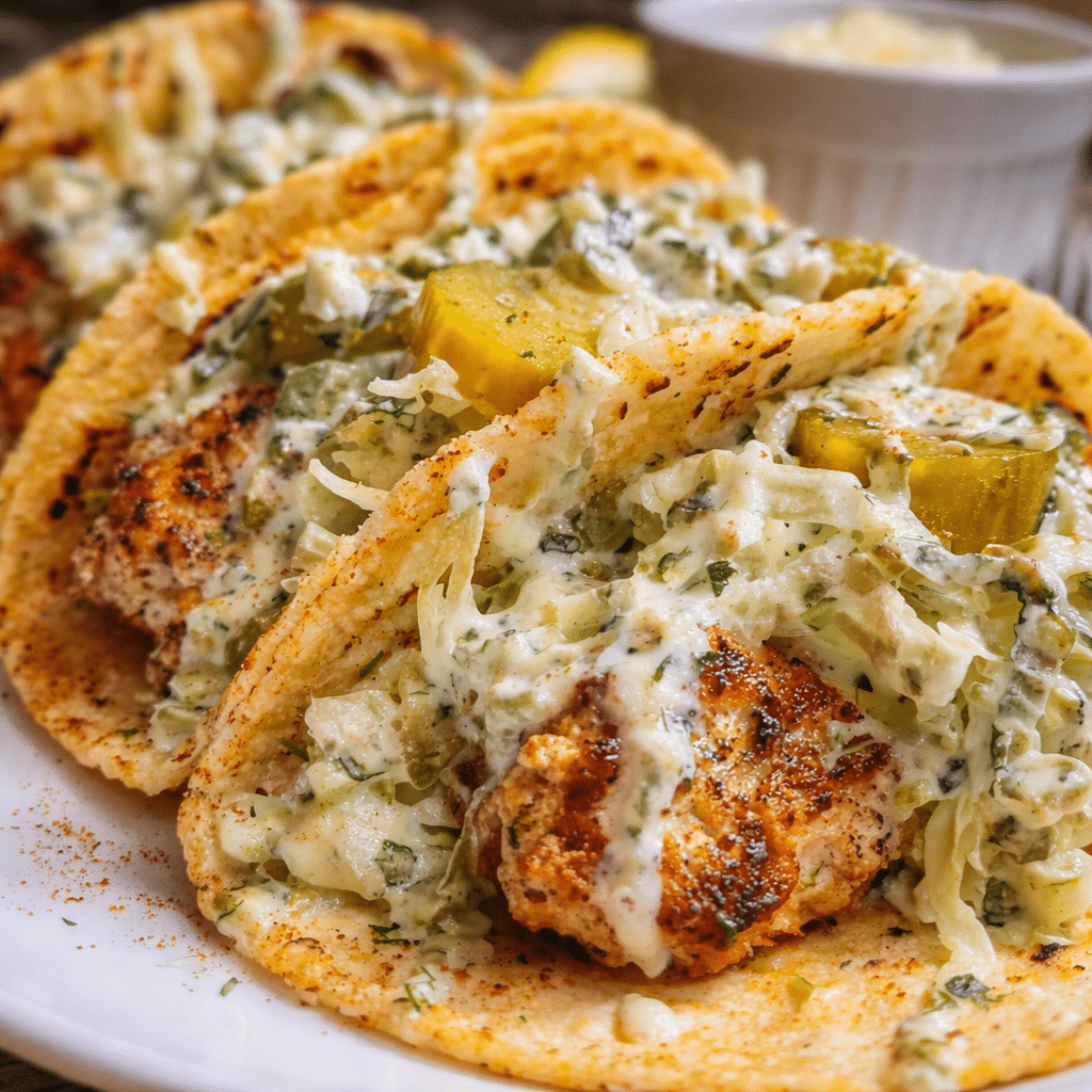Homemade dill pickle ranch smash chicken tacos served fresh in skillet
