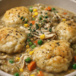Close-up of Easy Dump and Go Crockpot Chicken and Dumplings with shredded chicken and vegetables