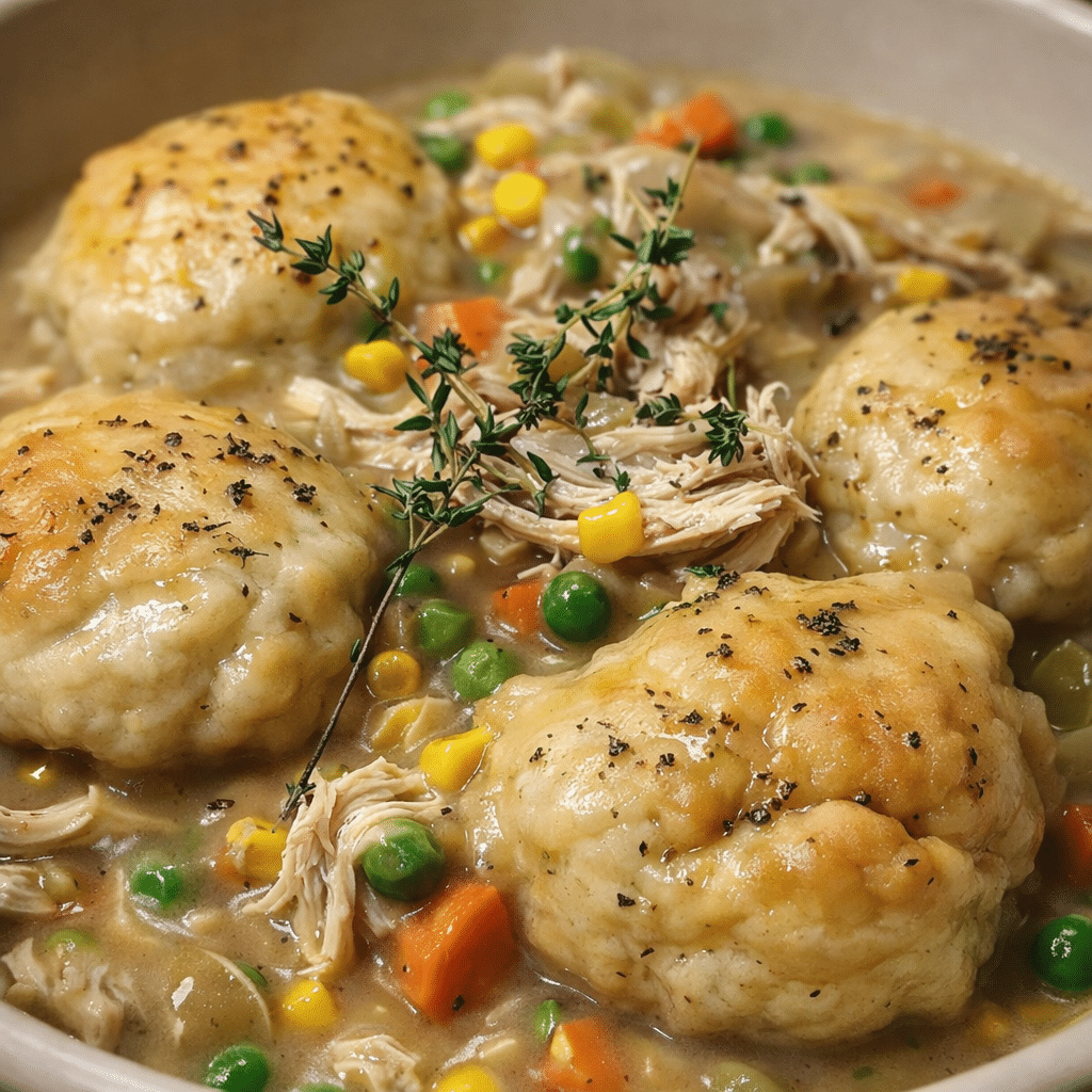 Close-up of Easy Dump and Go Crockpot Chicken and Dumplings with shredded chicken and vegetables