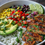 Fresh Cajun Chicken Bowl topped with sliced chicken, tomatoes, and cilantro