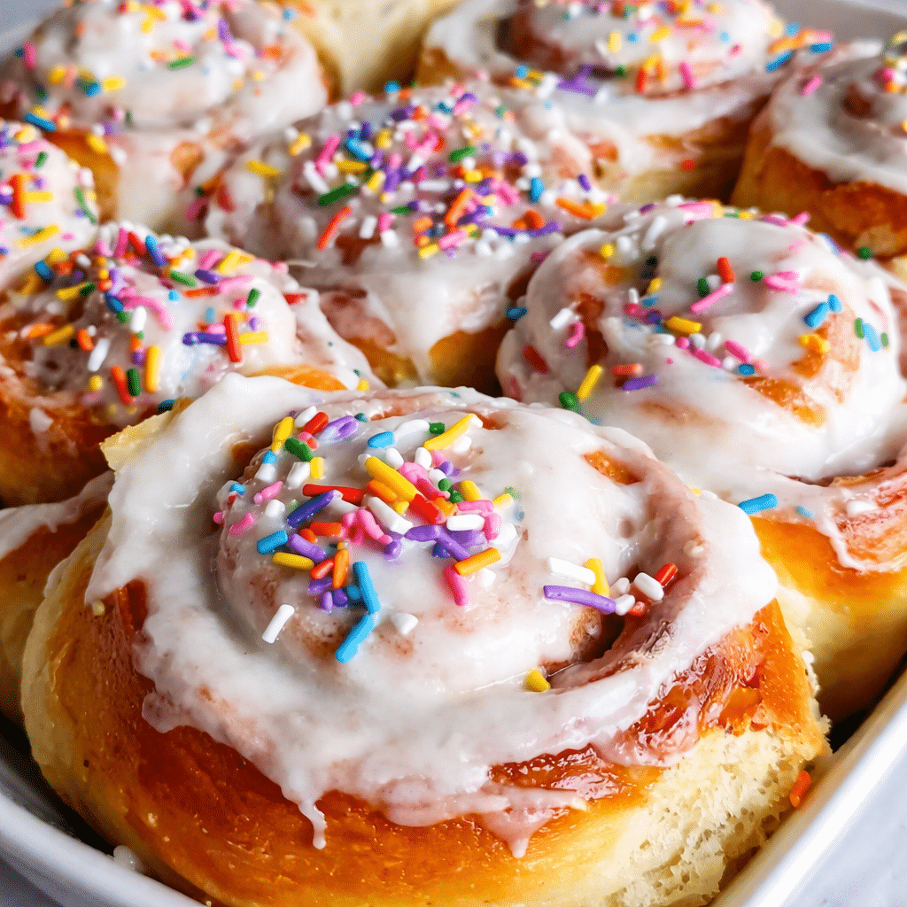 Freshly baked birthday cake cinnamon rolls topped with cream cheese frosting and rainbow sprinkles in a baking dish