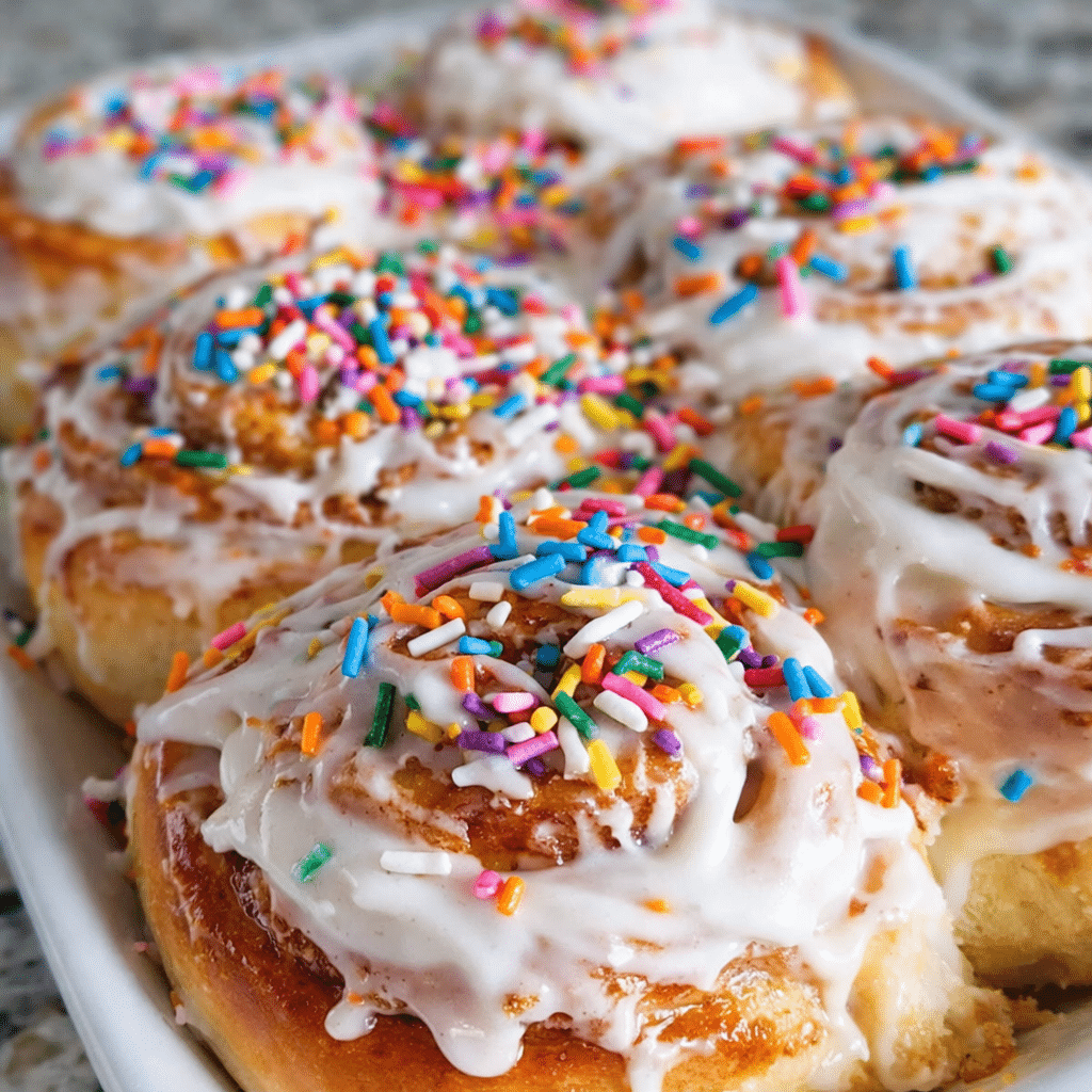 Close-up of fluffy birthday cake cinnamon rolls with vanilla frosting and rainbow jimmies
