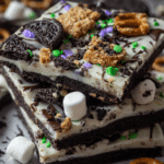 5-Ingredient Oreo Bark pieces stacked with white chocolate drizzle and crushed Oreos on top
