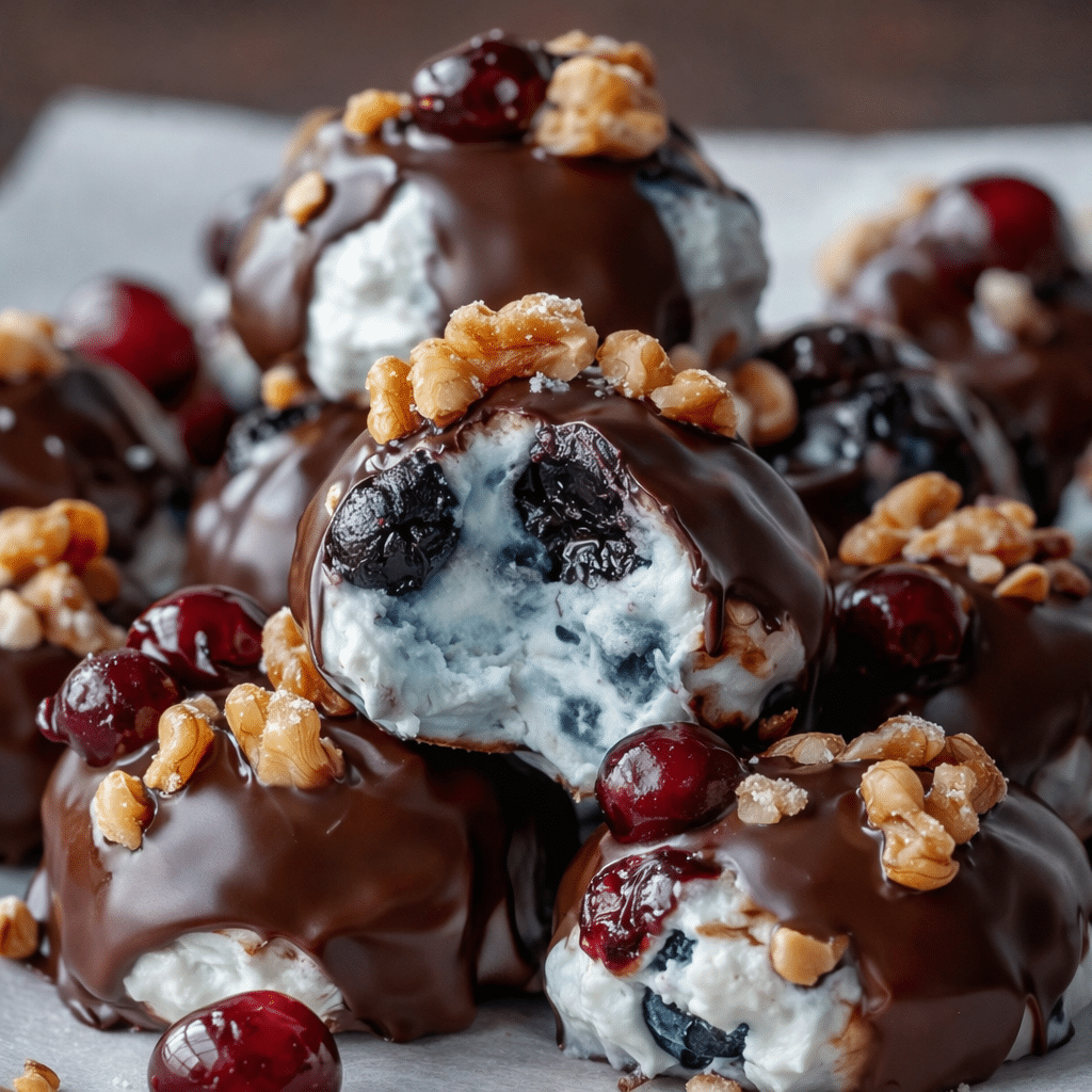 Frozen blueberry yogurt clusters with creamy centers and chocolate shell