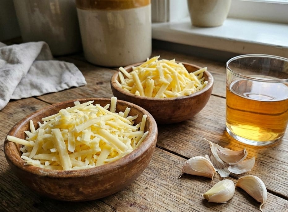 ingredients for cheese fondue recipe with Gruyere and wine