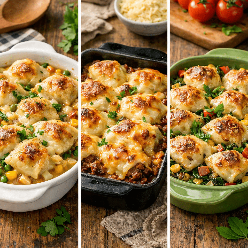 different dumpling bake variations chicken beef vegetarian