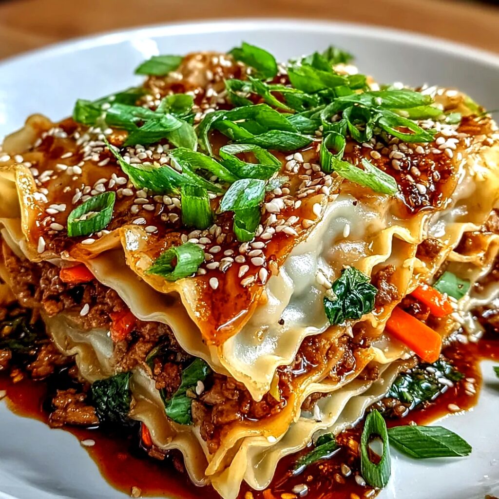 Asian Dumpling Lasagna Soy baked with layered dumpling wrappers and savory soy chicken filling