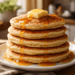 fluffy pancake recipe stack with butter