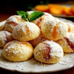 Soft orange infused ricotta peach cookies topped with light citrus glaze on a cooling rack.