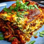 Layering Smoky Veggie Lentil Lasagna with noodles, lentil vegetable sauce, ricotta, and mozzarella before baking.