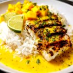 Mahi mahi fillet with vibrant mango lime butter served with rice
