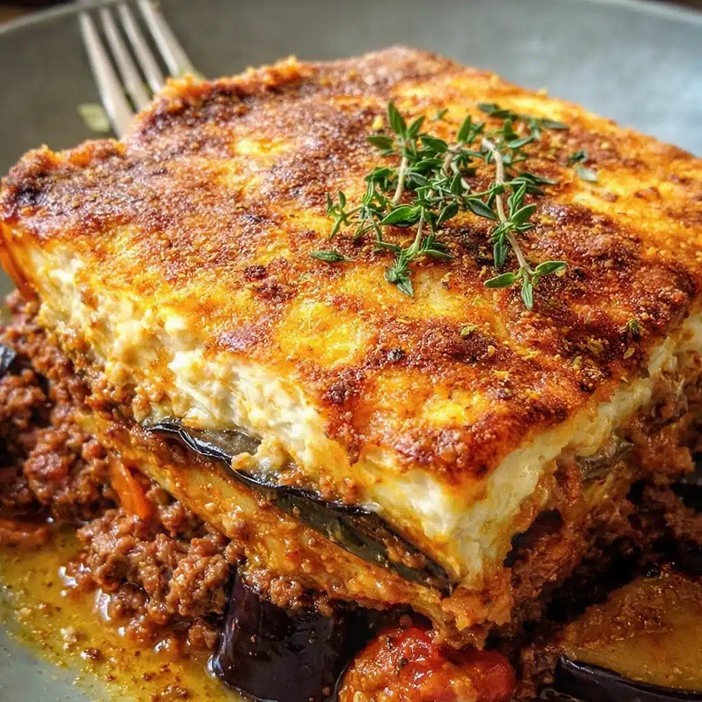 Close-up slice of Greek Eggplant Lasagna Lamb showing layered eggplant, savory lamb filling, and creamy béchamel.