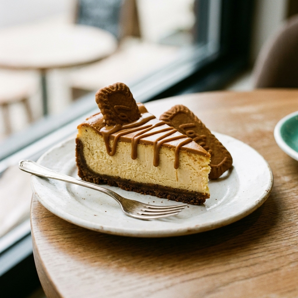 Slice of Biscoff cheesecake showing creamy filling and cookie crust layers