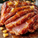 Close-up of sliced sticky sweet brown sugar spiral ham with caramelized glaze