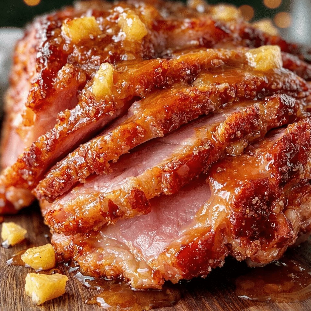 Close-up of sliced sticky sweet brown sugar spiral ham with caramelized glaze