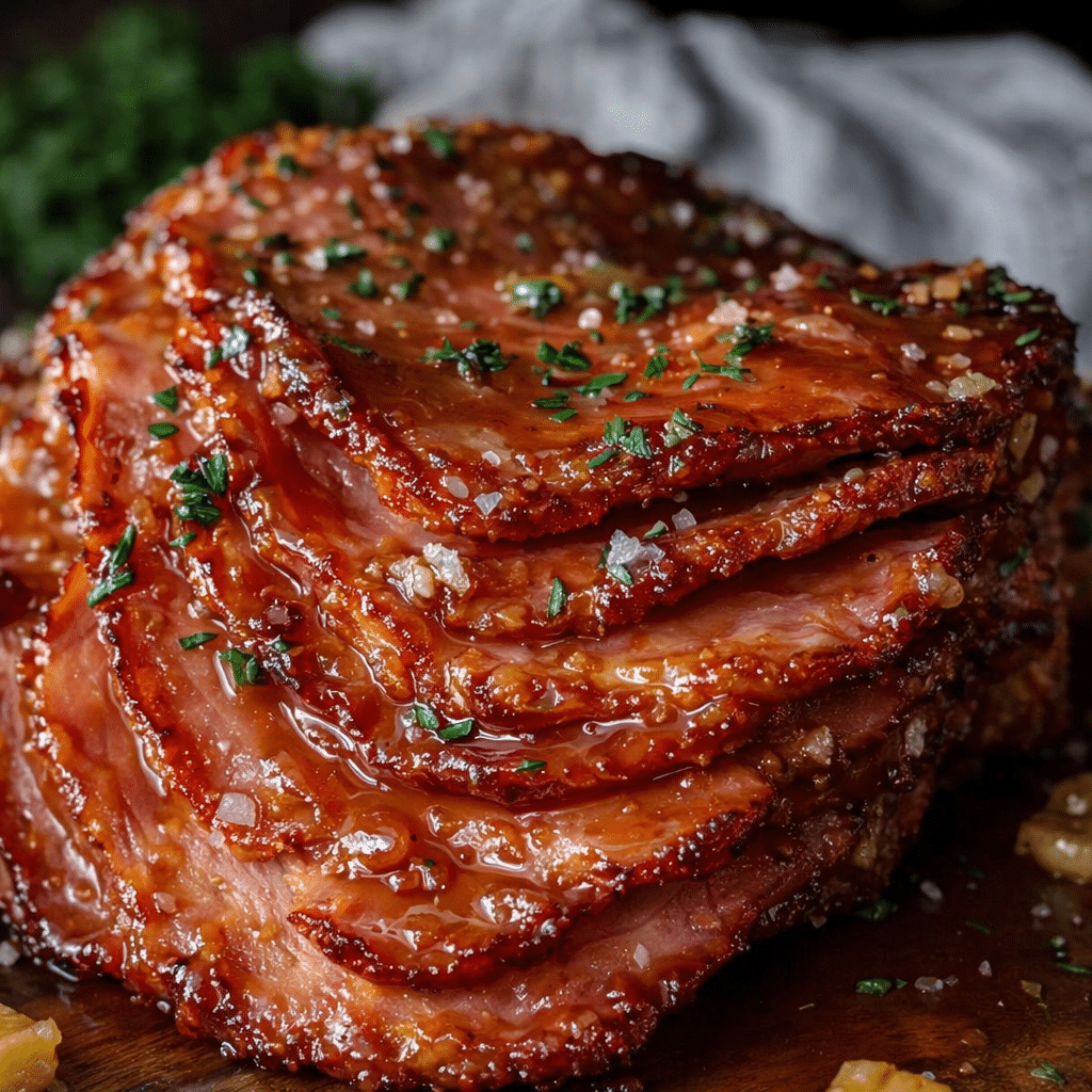 Sticky sweet brown sugar ham glazed with pineapple sauce and caramelized in the oven
