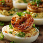 Cajun Shrimp Deviled Eggs topped with seasoned shrimp and paprika on a white serving platter