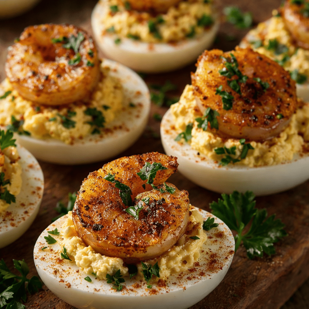 Close-up of Cajun Shrimp Deviled Eggs garnished with parsley and smoked paprika