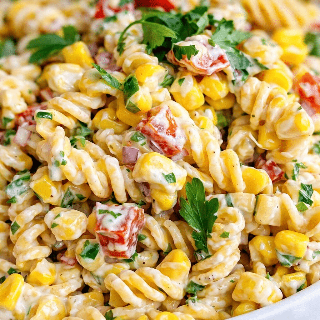Street Corn Pasta Salad with charred corn, cotija cheese, cilantro, and creamy lime dressing in a white bowl