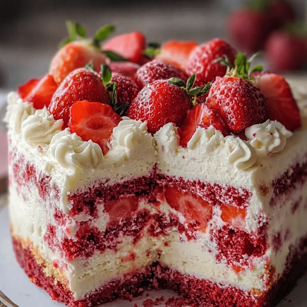 Strawberry Earthquake Cake with cream cheese swirls and white chocolate chips in a baking dish